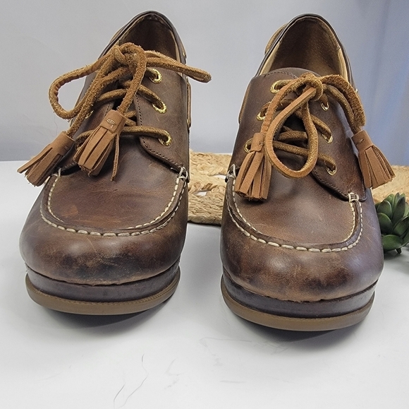 Sperry Top-Sider Seabourn Distressed Brown Oiled Leather Lace-up Wedge Size 9.5 - Picture 8 of 13